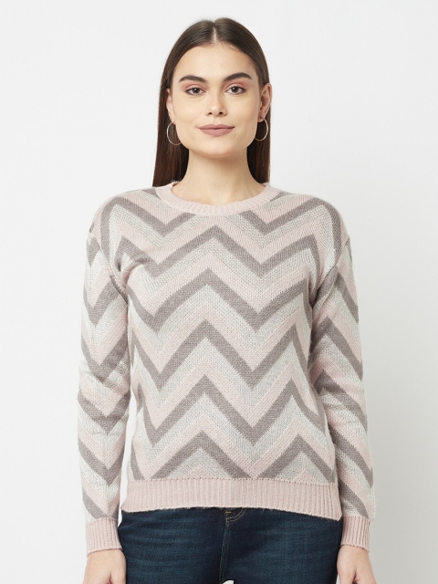 

METTLE Women Pink & Beige Chevron Printed Acrylic Pullover