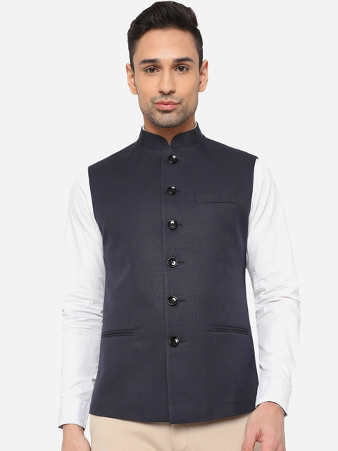 

Greenfibre Men Navy Blue Solid Terry Wool Regular Fit Nehru Jacket
