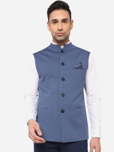 

Greenfibre Men Blue Terry Wool Regular Fit Nehru Jacket