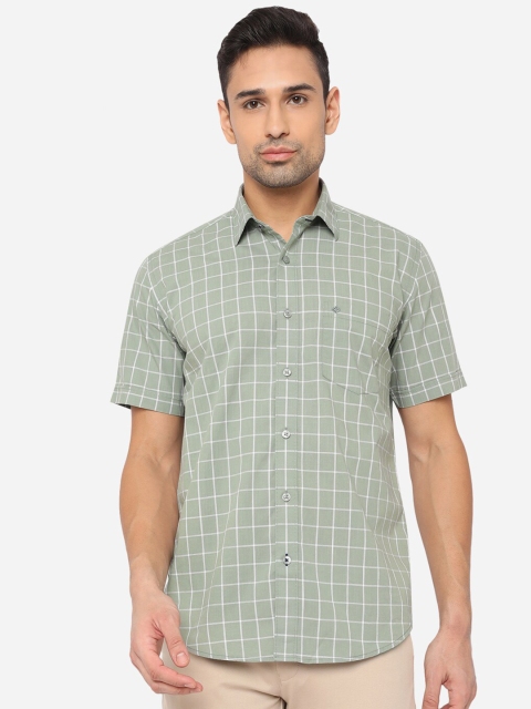 

Greenfibre Men Green & White Smart Slim Fit Windowpane Checked Cotton Casual Shirt