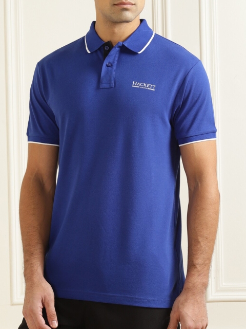 

HACKETT LONDON Men Blue Solid Polo Collar Regular Sleeves Cotton Regular Fit T-shirt