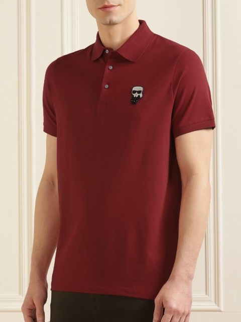 

LAGERFELD Men Maroon Polo Collar Applique Pure Cotton T-shirt