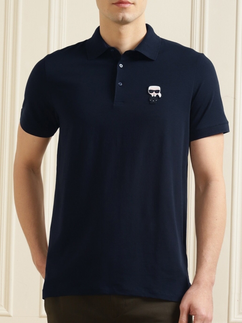 

LAGERFELD Men Navy Blue Solid Polo Collar Pure Cotton Applique T-shirt