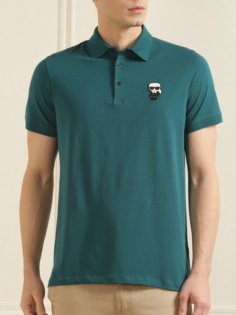 

LAGERFELD Men Teal Polo Collar Applique T-shirt