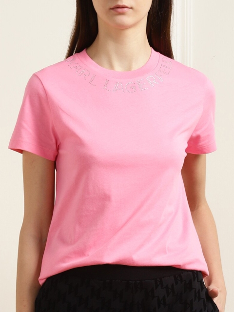 

Karl Lagerfeld Women Pink Brand Logo Rhinestone Embellished Pure Cotton T-shirt