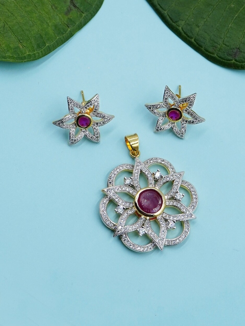 

Studio Voylla Silver-Toned & Brass-Plated Enamelled Pendant With Earrings