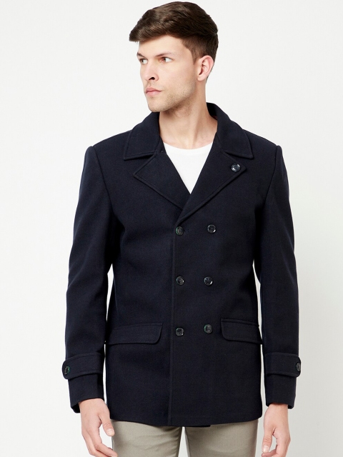 

METTLE Men Navy Blue Solid Double Breasted Overcoat
