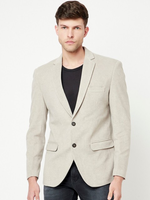 

METTLE Men Cream Coloured Solid Cotton Single Breasted Casual Blazer