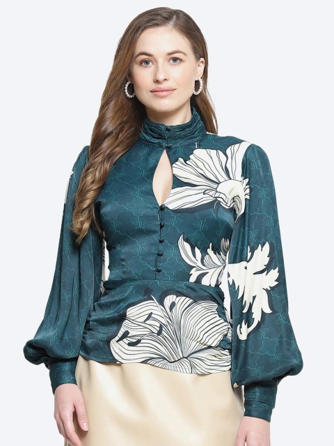 

radka Teal Blue Floral Print Bishop Sleeves Satin Styled Back Ruched Top
