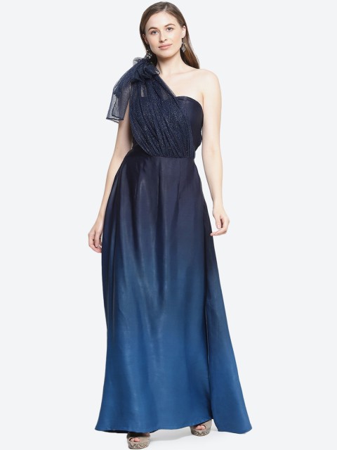 

radka Navy Blue Ombre Dyed One Shoulder Tie-Ups Satin Party Gown Maxi Dress