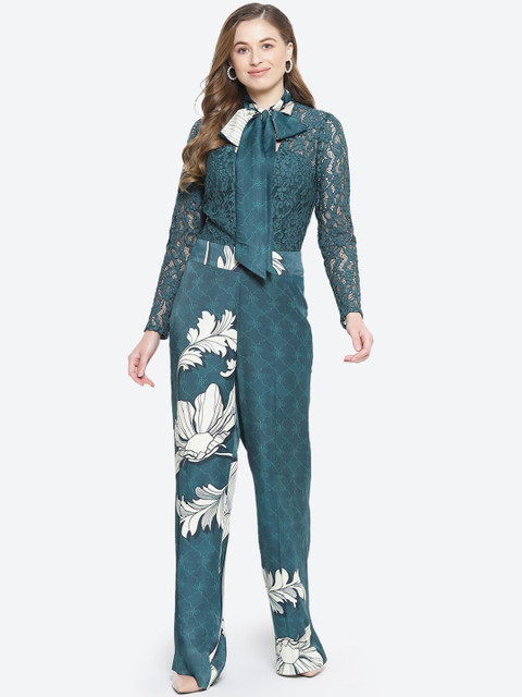 

radka Teal & White Printed Basic Jumpsuit with Bow Tie