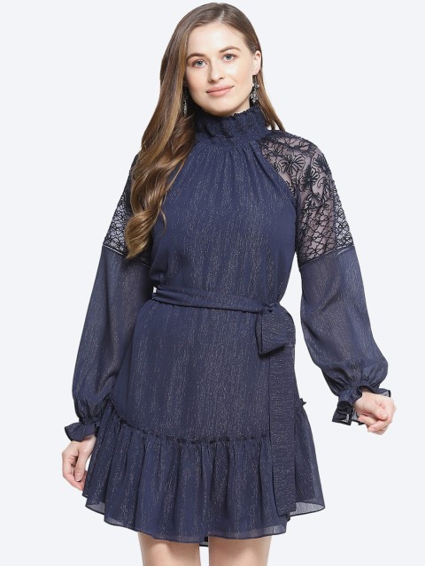

radka Navy Blue Self Design Lace Inserts Georgette Dress