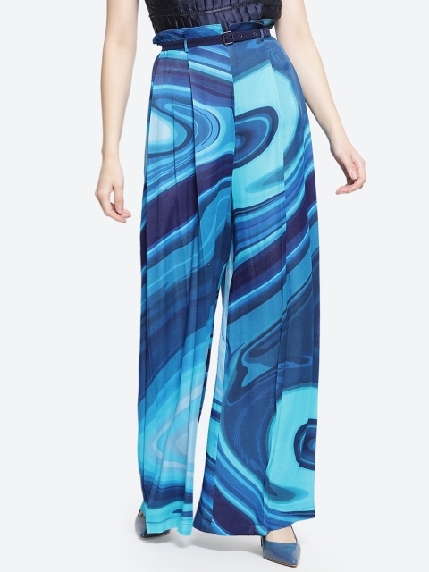 

radka Women Blue Printed Pleated Flared Trousers with Belt