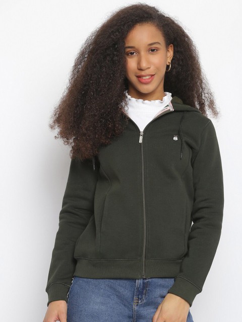 

Her Grace Women Olive Green Solid Fleece Hooded Sweatshirt
