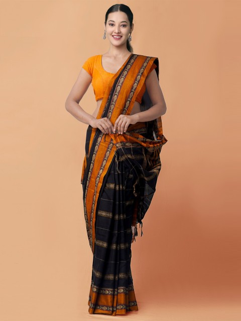 

Unnati Silks Black & Mustard Printed Pure Cotton Handloom Sustainable Narayan Peth Saree