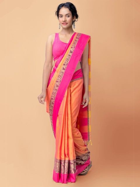 

Unnati Silks Orange & Pink Pure Cotton Handloom Sustainable Narayan Peth Saree