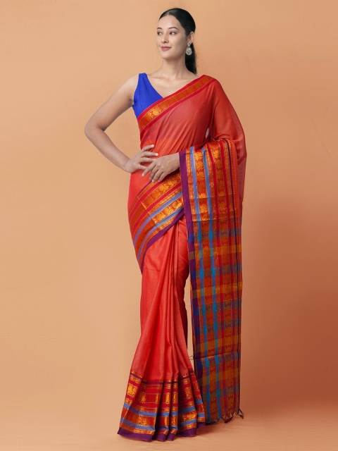 

Unnati Silks Red & Violet Ethnic Motifs Zari Pure Cotton Narayan Peth Saree