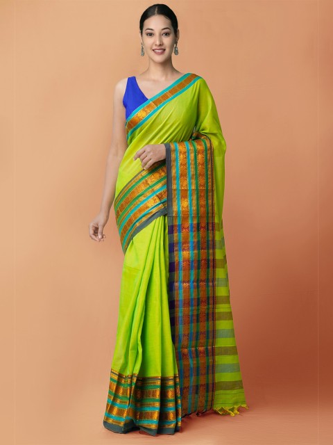 

Unnati Silks Green & Blue Zari Pure Cotton Handloom Sustainable Narayan Peth Saree