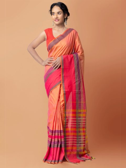 

Unnati Silks Orange & Red Pure Cotton Handloom Sustainable Narayan Peth Saree