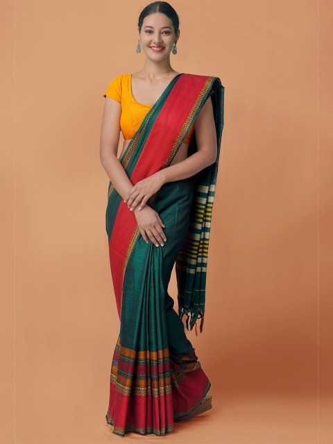

Unnati Silks Green & Red Woven Design Pure Cotton Handloom Sustainable Narayan Peth Saree