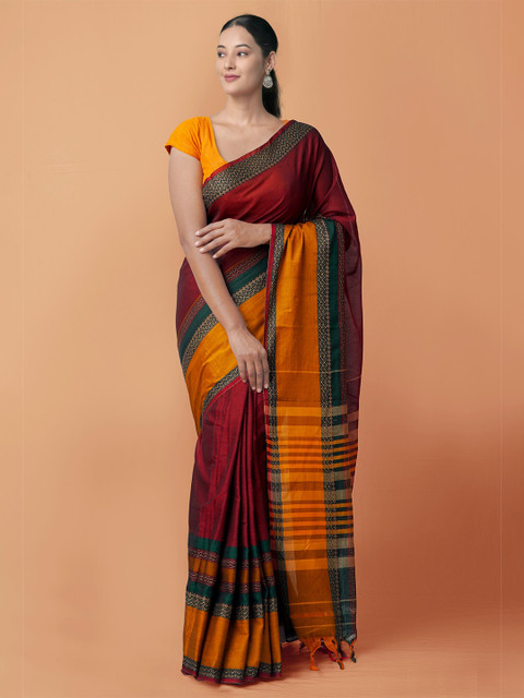 

Unnati Silks Maroon & Green Striped Pure Cotton Narayan Peth Saree