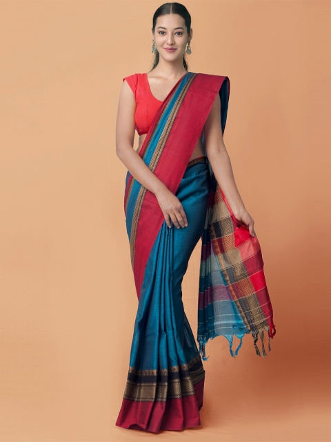

Unnati Silks Blue & Red Pure Cotton Handloom Sustainable Narayan Peth Saree
