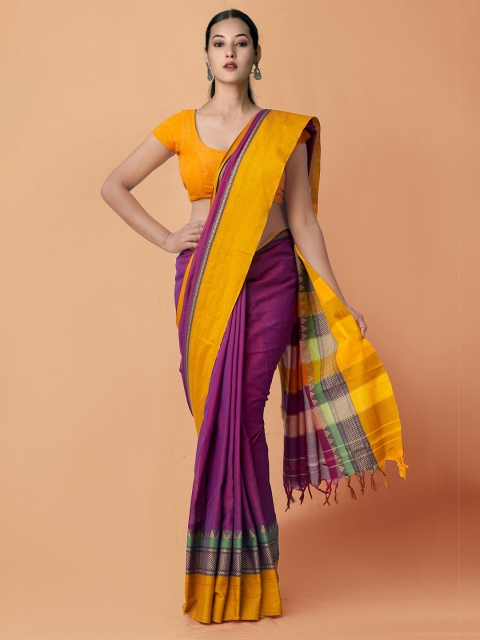 

Unnati Silks Purple & Yellow Pure Cotton Handloom Sustainable Narayan Peth Saree