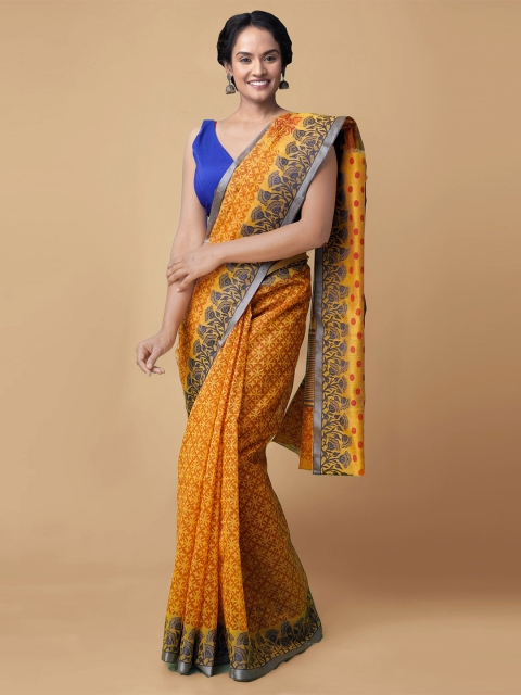 

Unnati Silks Yellow & Grey Ethnic Motifs Zari Supernet Patola Saree