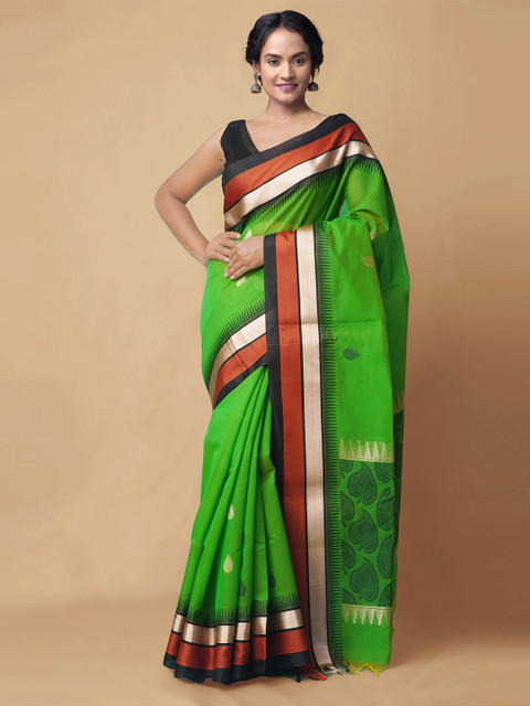 

Unnati Silks Green & Red Ethnic Motifs Zari Silk Cotton Bhagalpuri Saree
