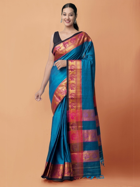 

Unnati Silks Blue Woven Design Pure Handloom Sustainable Pavani Narayanpet Cotton Saree