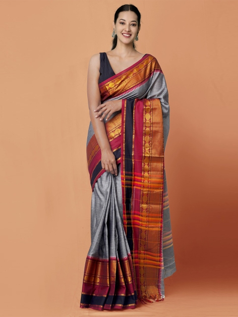 

Unnati Silks Grey & Black Woven Design Pure Cotton Handloom Sustainable Narayan Peth Saree