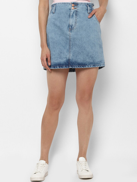 

Allen Solly Woman Blue Solid Pure Cotton Denim Skirt
