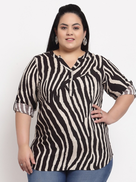 

plusS Black Animal Print Roll-Up Sleeves Shirt Style Top