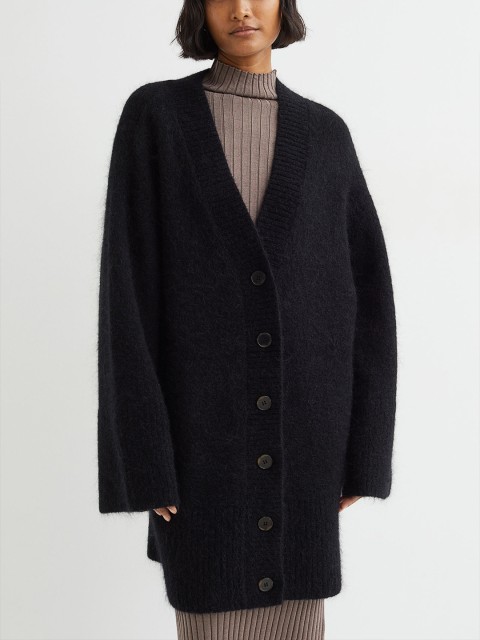 

H&M Women Black Long Wool-Blend Cardigan