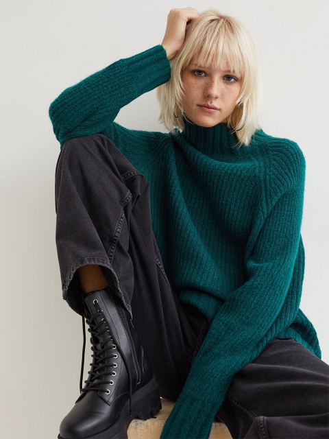 

H&M Women Green Turtle Neck Rib-Knit Jumper