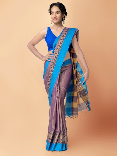 

Unnati Silks Violet & Blue Pure Cotton Handloom Sustainable Narayan Peth Saree