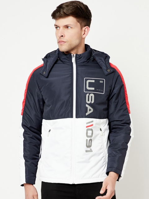 

METTLE Men Navy Blue Colourblocked Padded Jacket with Patchwork