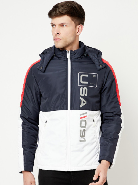 

METTLE Men Navy Blue Colourblocked Padded Jacket with Patchwork