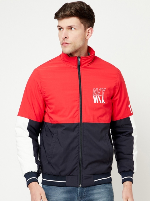 

METTLE Men Red Colourblocked Bomber with Patchwork Jacket