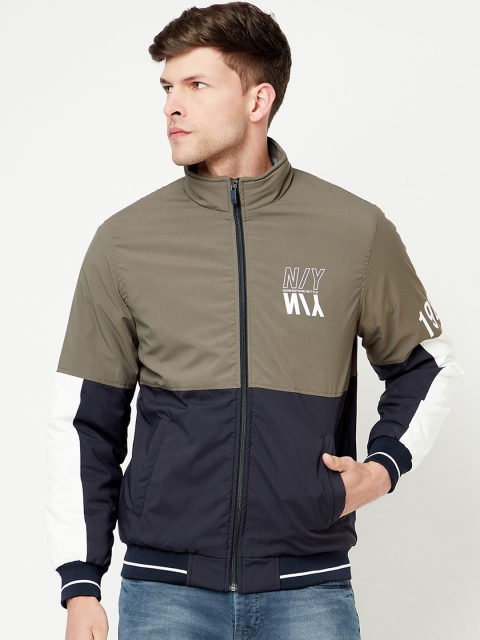 

METTLE Men Olive Green Colourblocked Bomber with Embroidered Jacket