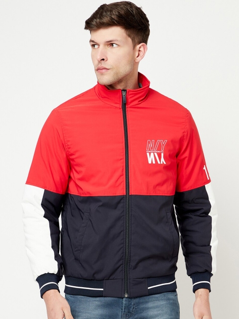 

METTLE Men Red coral red Colourblocked Bomber with Patchwork Jacket