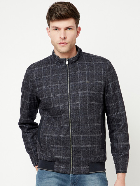 

METTLE Men Navy Blue anthracite Checked Bomber Jacket