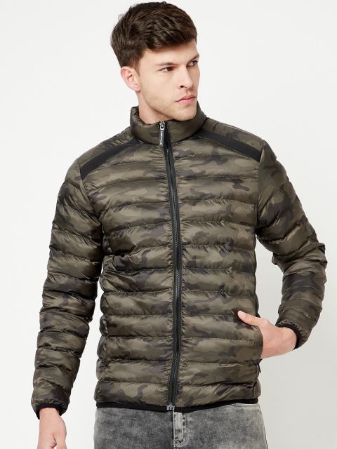 

METTLE Men Olive Green liver Camouflage Puffer Jacket with Patchwork