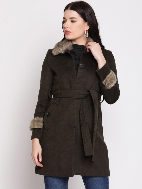 

CAMLA Women Olive Green Long Coat With Fur Collar