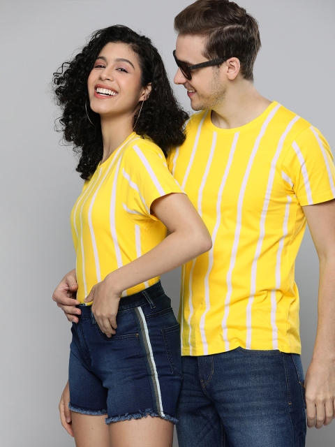 

HERE&NOW Unisex Yellow Striped Pure Cotton Casual T-shirt