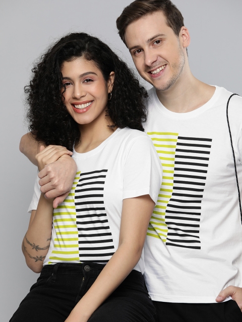 

HERE&NOW Unisex White Stripe Printed Pure Cotton T-shirt
