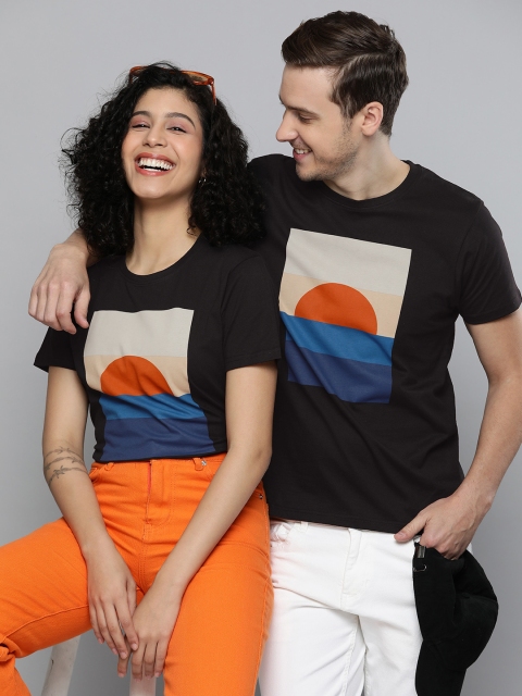 

HERE&NOW Unisex Black Graphic Printed Pure Cotton T-shirt