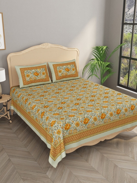 

Gulaab Jaipur Grey & Orange Floral Cotton 400 TC Super King Bedsheet with 2 Pillow Covers