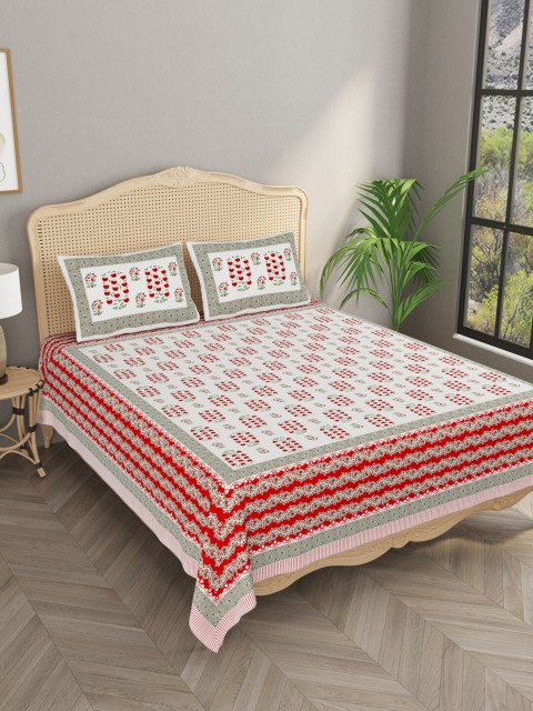

Gulaab Jaipur White & Red Floral 400 TC King Bedsheet with 2 Pillow Covers