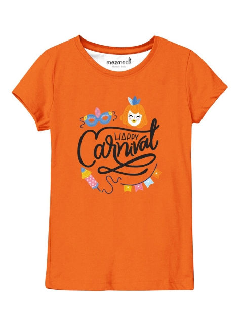 

mezmoda Girls Orange Printed Pockets T-shirt